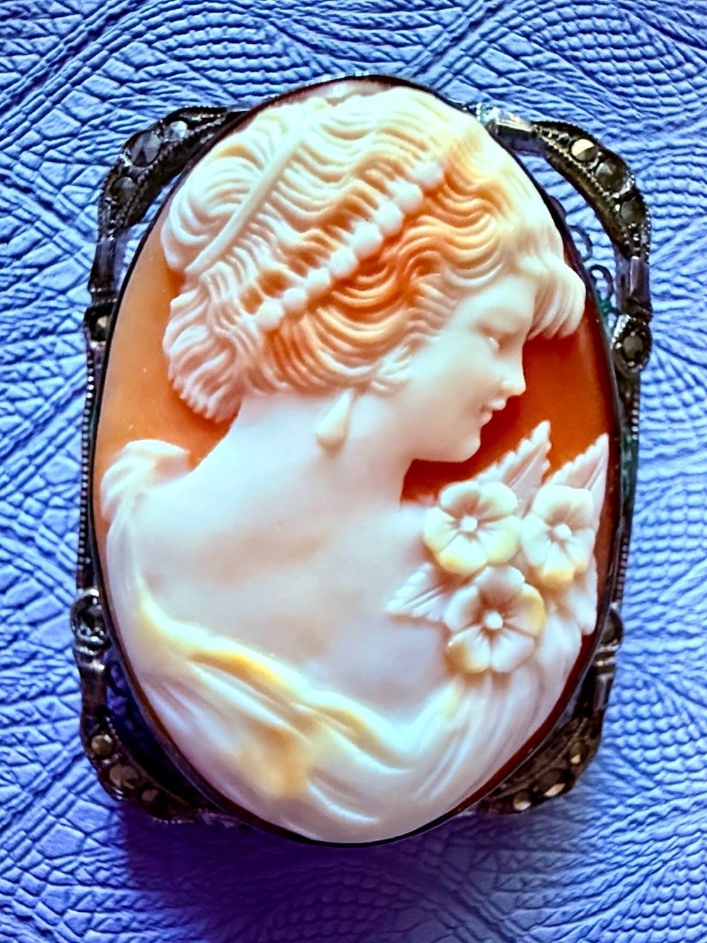 Vintage 800 Silver Carnelian Shell Cameo Brooch Pin